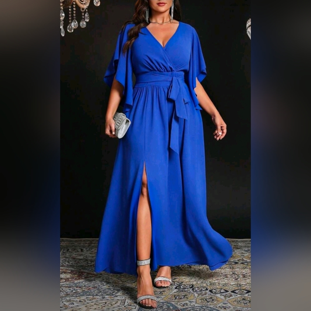 New Flowy Wrap Top Banded Waist Maxi Dress Belt Tie PLUS Blue - Picture 2 of 7